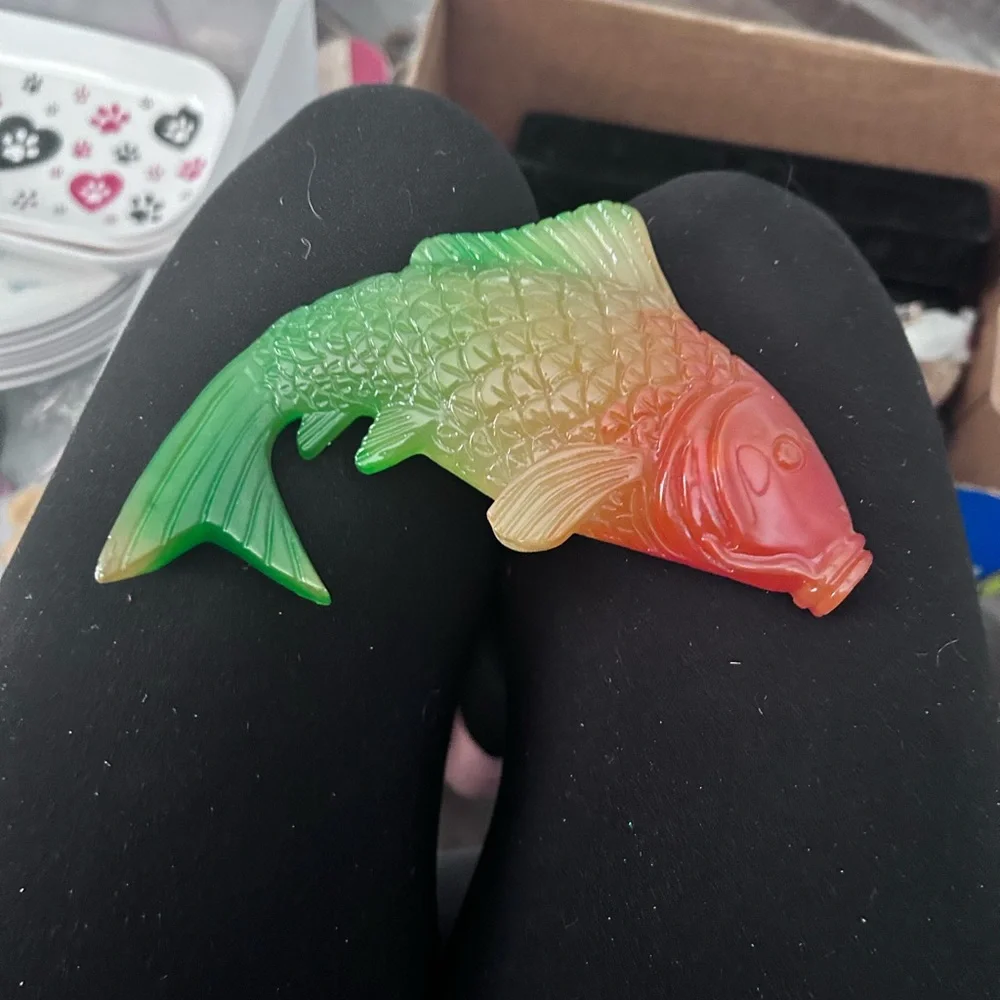Vintage Green and Red koi fish Decor soap stone heavy plastic HG10” HG100